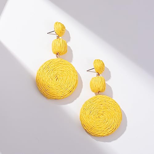 Statement Raffia Boho Round Dangle Ball Earrings - Cute Handmade Summer Bohemian Dangling Jewelry for Women - color: Yellow