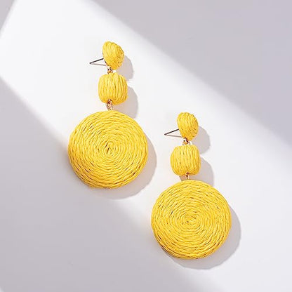Statement Raffia Boho Round Dangle Ball Earrings - Cute Handmade Summer Bohemian Dangling Jewelry for Women - color: Yellow