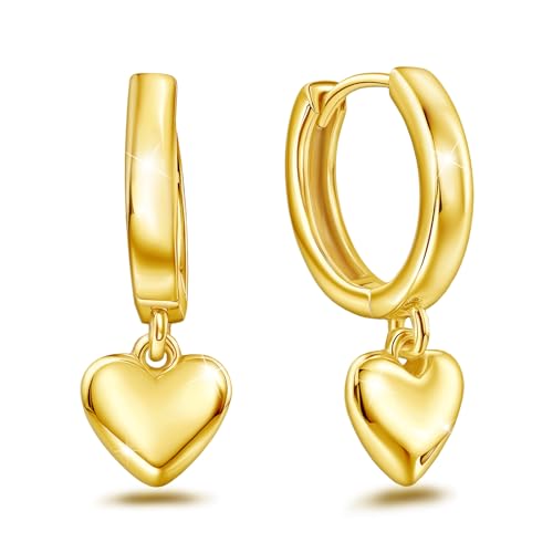 Heart Earrings for Women Girls-Sterling Silver Heart Dangle Hoop Earrings with Charm Love Huggie Hoop Earrings Hypoallergenic Delicate Jewelry Gifts for Women Girls Birthday - color: gold