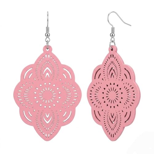 Boho Black Filigree Dangle Earrings for Women, Lightweight Hollow Lace Drop, Wood, 3.34" x 1.69", Bohemian Jewelry - color: Pink