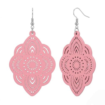 Boho Black Filigree Dangle Earrings for Women, Lightweight Hollow Lace Drop, Wood, 3.34" x 1.69", Bohemian Jewelry - color: Pink