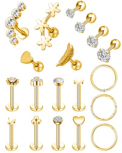 Tornito 9-30Pcs Cartilage CZ Stud Earrings Conch Forward Helix Tragus Daith Piercing Lip Rings Snake Heart Butterfly Jewelry for Women Men 16G Silver Gold Tone - color: C2:19PCS, Gold Tone