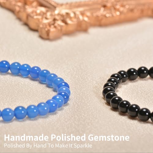 2PCS Agate Bracelet for Women Men Natural Round Beaded Agates Stone Healing Stretch Bracelets Elastic Handmade Polished Gemstone Beads Bracelet - color: Blue+Black, size: 6mm Beads