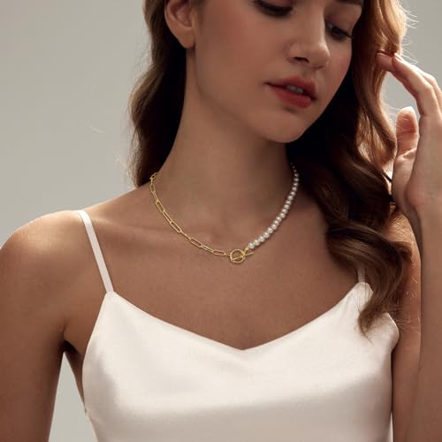 Zeffy Pearl Necklace 4MM/6MM/8MM Dainty Round Imitation Pearl Choker Necklace Wedding Pearl Necklace Delicate Jewelry for Women Simple Bridesmaid Jewelry Gifts - style: 6mm Gold Pearl Paperclip Necklace(17")