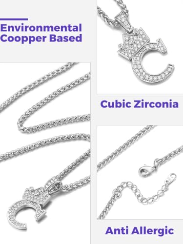 Richsteel Silver Crown Initial A-Z Letter Pendant Necklace for Men Women | Cubic Zirconia Monogram, 316L Steel Chain, 22" + 2" Extender,Hypoallergenic,Gift Box, Hip Hop Jewelry - style: C