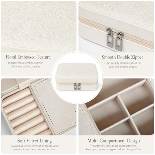Travel Jewelry Case, Jewelry Box with Floral Embossed, PU Leather Travel Jewelry Organizer with Zipper, Velvet Lined Ring Earring Necklace Case for Travel, 6.3 x 4.7 x 2.4 in - color: White-2