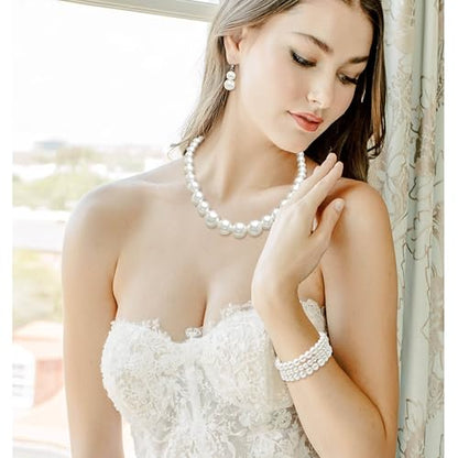 Cryshimmer Pearl Choker Necklace for Women Faux Pearl Beads Strand Necklace Earring Set Costume Jewelry,Gift for Wife Mother - color: Pearl Set-1