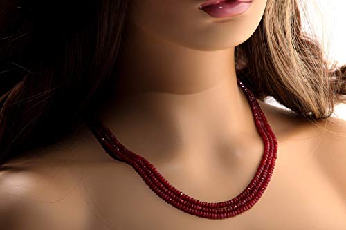 AAA Natural Ruby Gemstones 3-4.5mm Multi Strand, 3 Line Layer Gemstone Rondelle Necklace 20" Plus 9" Adjustable Thread. 270Ct