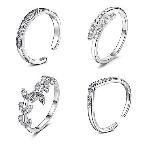 JFORYOU Toe Rings for Women Adjustable Open Toe Rings with Anklet Set CZ Flower Toes Ring for Summer Beach Foot Jewelry - color: 4pcs-silver toe rings Style A