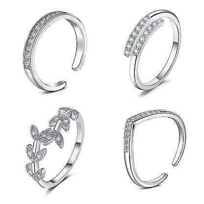 JFORYOU Toe Rings for Women Adjustable Open Toe Rings with Anklet Set CZ Flower Toes Ring for Summer Beach Foot Jewelry - color: 4pcs-silver toe rings Style A