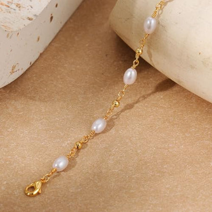 SLOONG 14K Gold Plated Pearl Bracelets for Women Trendy | Dainty Stackable Layered Chain Bridesmaid Bracelets, Waterproof Wedding Jewelry for Women Adjustable 6"+2" - color: 1.Style3(Pearl)