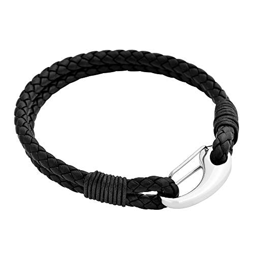 Edforce Braided Genuine Leather 2-Strand Cuff Bracelet with Stainless Steel Clasp - color: Black