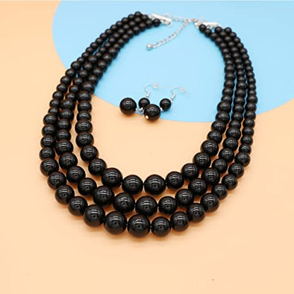 Chunky Layered Imitation Pearl Necklace for Women 3 strand Pearl Necklaces Faux Pearl Necklace Earrings Set 1920s Flapper Gatsby Costume Accessories - color: 3 strand pearl necklace Black
