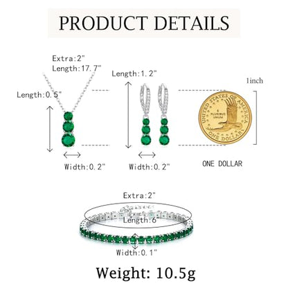 Crysdue Cubic Zirconia Jewelry Set for Women Bridesmaid, Classic Round Cut Drop Lightweight Lever Back Earrings Pendant Necklace Tennis Bracelet for Wedding Prom Party - style: 3pcs Green, Silver