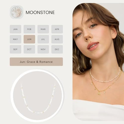 ARSIS Genuine Beaded Gemstone Necklace for Women, Colorful Natural Stone Handmade Bead Choker, Personalized Birthstone Necklace, Boho Summer Beach Necklace Layering Stackable Jewelry Gift - color: Moonstone (June)