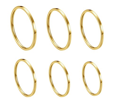 ALEXTINA 1mm Stainless Steel Stacking Rings for Women Thin 14K Gold Plated Band Rings Non Tarnish Stackable Knuckle Rings Thumb Pinky Midi Rings Comfort-Fit Size 4/5/6/7/8/9 - style: Flat
