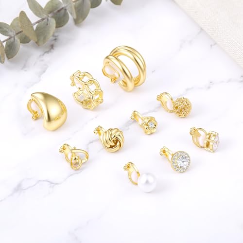 10 Pairs Gold Clip on Earrings, 14K Gold Plated Clip Earrings Earring Set | Non Pierced Ears Clips, CZ Pearl Knot Twist, Chunky Hoop, and Studs
