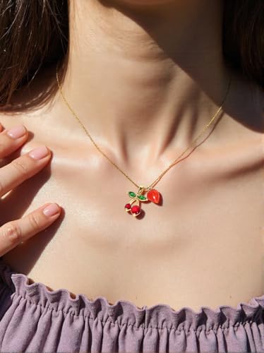 Double Pendant Necklace for Women 18k Gold Plated Necklace Cubic Zirconia Dainty Gold Necklaces for Women - style: Strawberry & Cherry