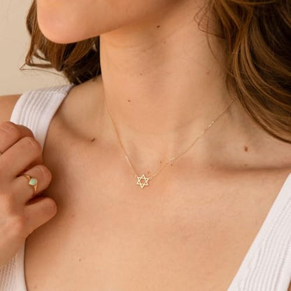 Dainty Gold Necklace: 14k Gold Plated Dianty Boots Bow Sun Moon Horse Evil Eye Conch Seahorse Necklace for Women 16.5"+2" - color: Star of David