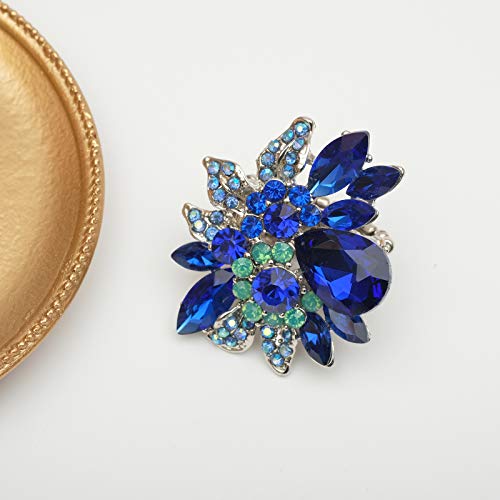 CSY Luxury Froral Cocktail Statement Rings Stretch Adjustable Ring | Gorgeous Women's Austrian Crystal Leaves Flower Big Cocktail Statement Rings Stretch Adjustable Ring Jewelry Accessories - color: 01 royal blue