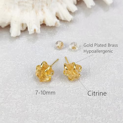 Crystal Earrings, Natural Raw Citrine Prong Setting Stud Earrings for Women, Handmade Gold Plated November Birthstone Earrings