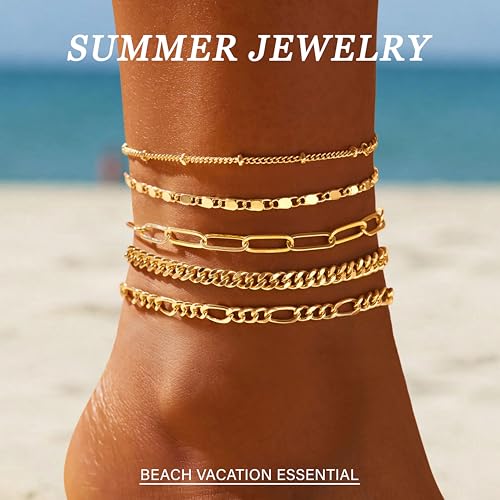 Gokeey Ankle Bracelets for Women Waterproof, 14k Gold Plated Jewelry Set Layered Cuban Figaro Link Chain Anklets Set Gold Anklets Summer Boho Beach Jewelry Gift Adjustable Size - color: Gold