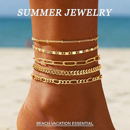 Gokeey Ankle Bracelets for Women Waterproof, 14k Gold Plated Jewelry Set Layered Cuban Figaro Link Chain Anklets Set Gold Anklets Summer Boho Beach Jewelry Gift Adjustable Size - color: Gold
