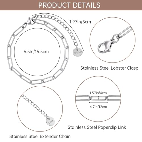 UMAOKANG 12PCS 6.5Inch Stainless Steel Paperclip Chain Bracelets Bulk | Silver Bracelet Set Women and Men DIY Jewelry Making Classic Paper Clip Hand Chains - color: 12pcs Steel