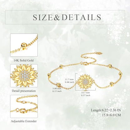 KECHO 14k Yellow Gold Sunflower Jewelry for Women, Fine Gold You are My Sunshine Jewelry Gifts for Her - style: Sunflower Bracelet - Bead
