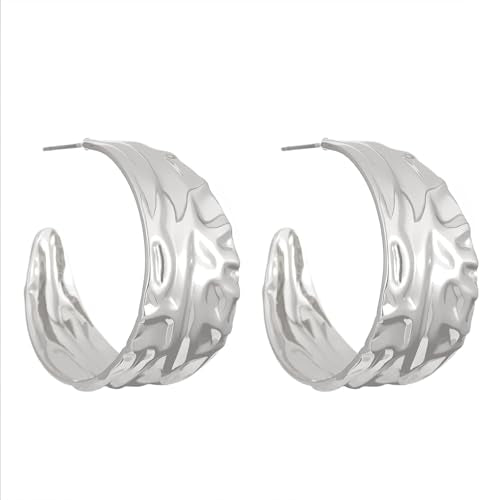 Hoop Earrings for Women Wide Hoop Earrings Large Big Flat Huggie Hoops Earrings Trendy Chunky Hoops Earrings Statement Earrings Jewelry for Women - color: Silver1