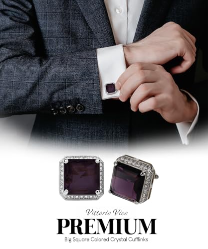 Large Big Square Crystal Color Stone Cuff Links for Men – Tuxedo Suit Accessories, Cufflinks for Men - style: Purple/Silver