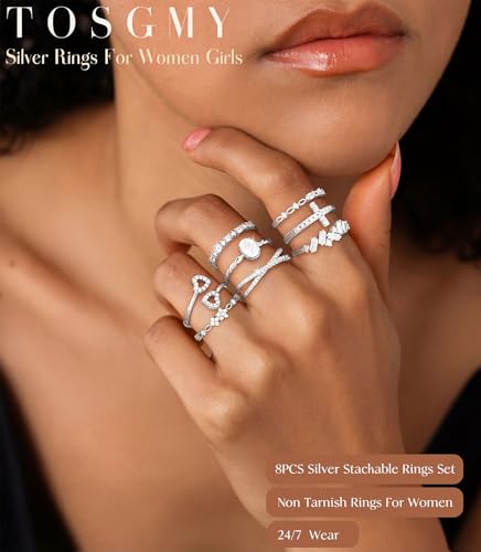 Gold Silver Rings For Women Non Tarnish Gold Plated Stackable Rings Wedding Engagement Bands Dainty 14K Gold Ring Simple Trendy Cubic Zirconia Thumb Stacking Ring Pack Size 4-11 - color: Silver