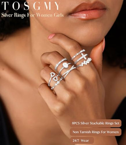 Gold Silver Rings For Women Non Tarnish Gold Plated Stackable Rings Wedding Engagement Bands Dainty 14K Gold Ring Simple Trendy Cubic Zirconia Thumb Stacking Ring Pack Size 4-11 - color: Silver