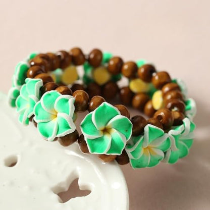 Pingyongchang Boho Hawaiian Plumeria Rubra Bracelets for Women Handmade Colorful Tropical Flower Wooden Beads Stretch Bracelet Summer Beach Holiday Jewelry Gifts - color: Green