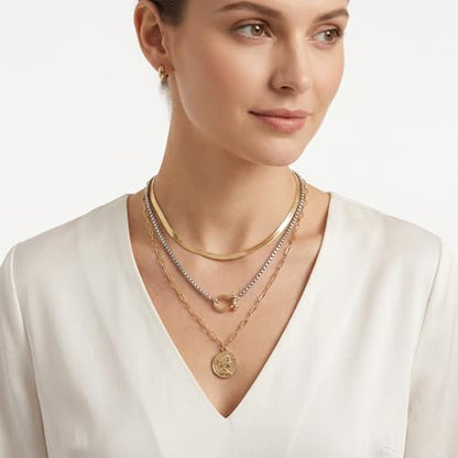 QCWN Gold Layered stacked Necklaces for women 3PS Chunky Statement Necklaces Stack Mixed Metal Charm Necklace for Women Trendy Coin Jewelry Gift for Her Gifts - style: Layered stack 15