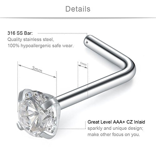 SCERRING 18G Stainless Steel L-Shaped Nose Stud Rings Tragus Lip Hoop Piercing Jewelry 1.5-3mm Clear CZ 8-30PCS - color: 8PCS - Silver
