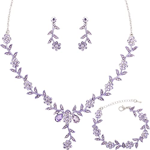 Flower Leaf Crystal Pendant Necklace Dangle Earrings Link Bracelet Bride Bridesmaid Jewelry Sets for Women Wedding Party - color: Violet-Platinum Plated