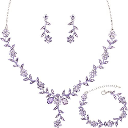 Flower Leaf Crystal Pendant Necklace Dangle Earrings Link Bracelet Bride Bridesmaid Jewelry Sets for Women Wedding Party - color: Violet-Platinum Plated