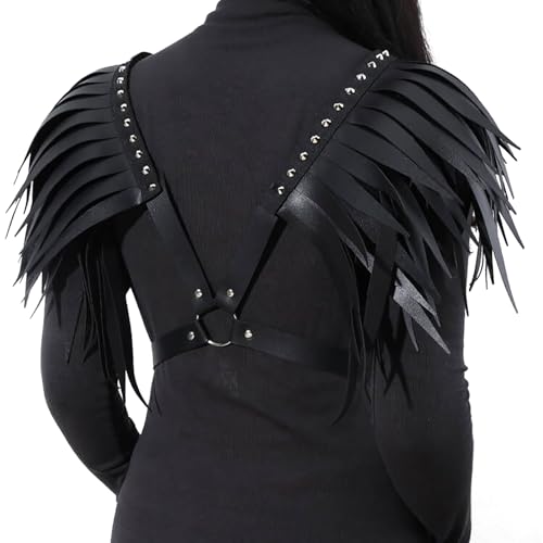 PURFUN Women Punk PU Leather Tassel Shoulder Harness Belt Gothic Black Fringed Body Harness Belt Adjustable Sexy Nightclub Rave Roleplay Cosplay Halloween Costume Chest Chain Body Chain Jewelry
