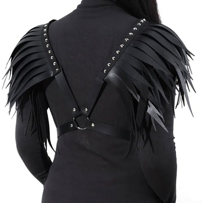 PURFUN Women Punk PU Leather Tassel Shoulder Harness Belt Gothic Black Fringed Body Harness Belt Adjustable Sexy Nightclub Rave Roleplay Cosplay Halloween Costume Chest Chain Body Chain Jewelry