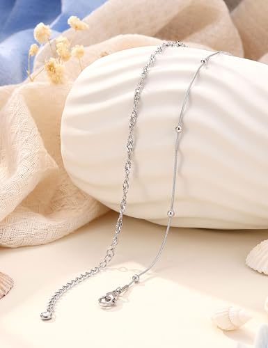 Subiceto Ankle Bracelets for Women Waterproof - 14K Gold Plated Non Tarnish Anklets Set Dainty Stainless Steel Stackable Layered for Beach Summer Jewelry Adjustable - color: 2Pcs-Silver