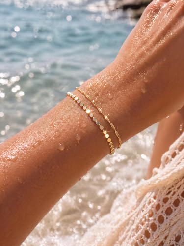 Moodear Gold Bracelets for Women, 2PCS Dainty 14K Gold Plated Link Chain | Waterproof Non Tarnish Jewelry, Adjustable Gold Plated Link & Bead Chain, Perfect for Daily Wear, Vacation Outfits & Gifts - color: gold-6