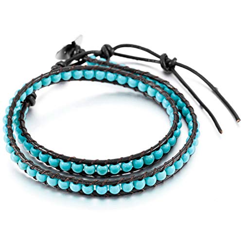 Boho Bracelets Adjustable Rope Buckle Handmade Leather-Wrapped Bracelet Jewelry Bohemian Style Bracelets Natural Stone Wrap Bracelets Variety Beads Strand Bracelet - color: Turquoise