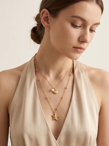 MODRSA Gold Stacked Layered Necklaces for Women Pearl Pendant Charm Cross Lariat Slip Shell Starfish Y Chain Necklace Adjustable Silver Boho Jewelry Gifts for Women Summer Vacation Beach Accessories - color: B1- Sea Shell Starfish - Gold
