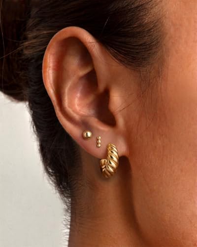 Freekiss 3 Pairs Hoop Earrings Set - Dainty Stud Dangle Cartilage for Women | Hypoallergenic Earrings, Cubic Zirconia Stackable Trendy Small Set Jewelry Gifts for Women - style: 2 Ball Stud+Twisted Hoop-GD