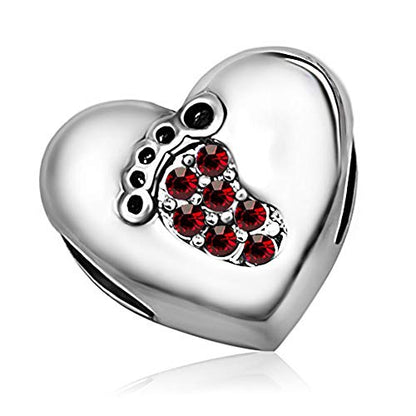 KunBead January-December Birthstone Footprint Heart Birthday Love Bead Charms Compatible with Pandora Bracelet for Mom Daughter Grandma Granddaughter - color: January