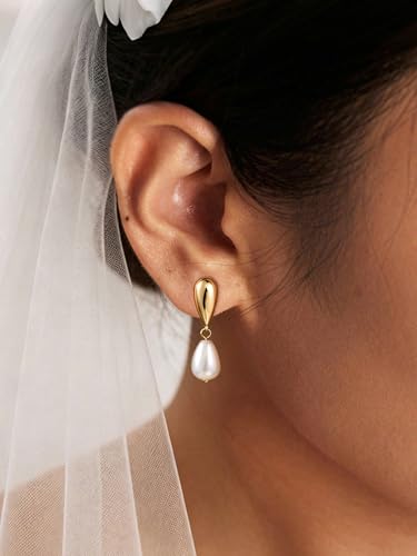 Pearl Drop Earrings 14K Gold Plated Dainty Bridesmaid Jewelry Gift - color: gold