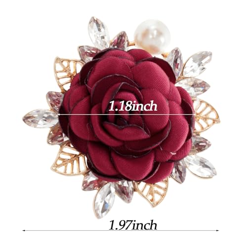 Rose Flower Brooch 1.97In Satin Pearl Crystal Flower Brooch for Women Wedding Dress Suit Hat Accessories Gift - color: red