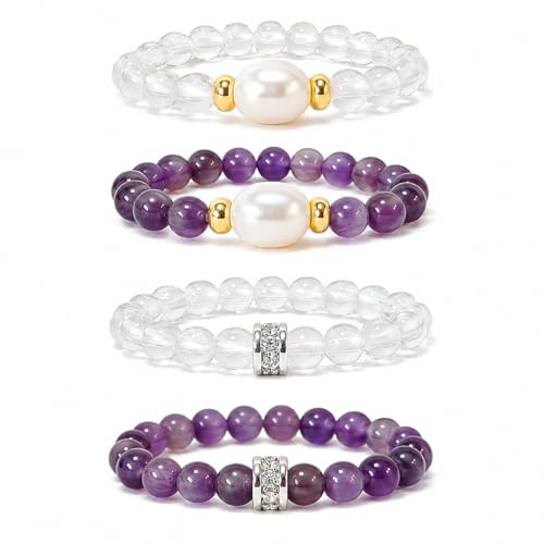 4Pcs Crystal and Amethyst Beaded Ring Set for Women, Handmade Stackable Stretch Rings with Pearl Accent, Dainty Gift Jewelry