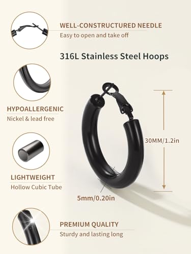 FindChic Hoop Earrings for Women, Silver/Black/14K Gold Plated Hypoallergenic Hollow Round Tube Loop Earrings, 20mm/30mm/40mm/60mm/80mm Chunky Hoops with Custom Name Options & Gift Box - color: a.Black, size: 30MM